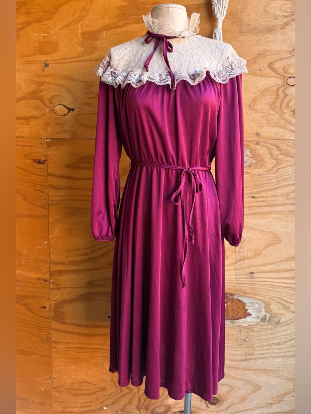 Vtg Wine Lace Collar Midi Dress Fit-Flared Long Sleeve ILGWU Unionmade Dre - Picture 4 of 12